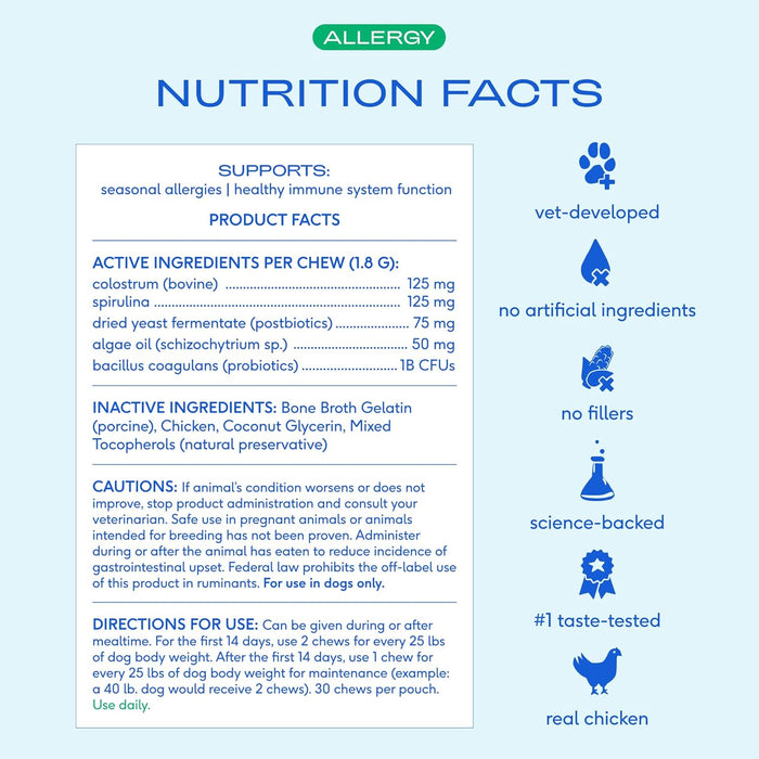 Native Pet Dog Allergy Chews - Dog Allergy Relief with Probiotics and Colostrum for Itchy Skin Relief to Support Seasonal Allergy and Healthy Immune System - All Natural Anti-Histamine - 30 Chews