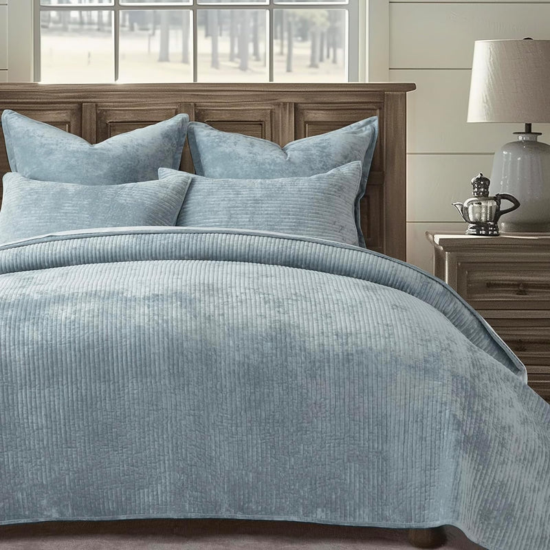 EVERGRACE Velvet Quilt Set King Size, Luxurious Soft Quilted Bedding Sets, Lightweight Velvet Comforter for All Season, Striped Channel Bedspread Coverlet with 2 Shams, Terracotta Clay