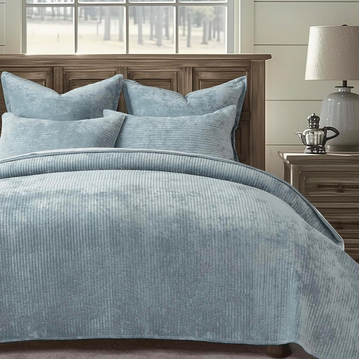 EVERGRACE Velvet Quilt Set King Size, Luxurious Soft Quilted Bedding Sets, Lightweight Velvet Comforter for All Season, Striped Channel Bedspread Coverlet with 2 Shams, Terracotta Clay