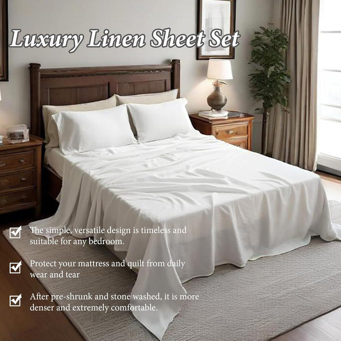 100% Natural Linen Sheets Set 4 Piece - Washed Linen Bedding Set with 16" Deep Pocket Fitted Sheet, Flat Sheet & 2 Pillowcases, Breathable Durable for All Seasons (White, Queen)