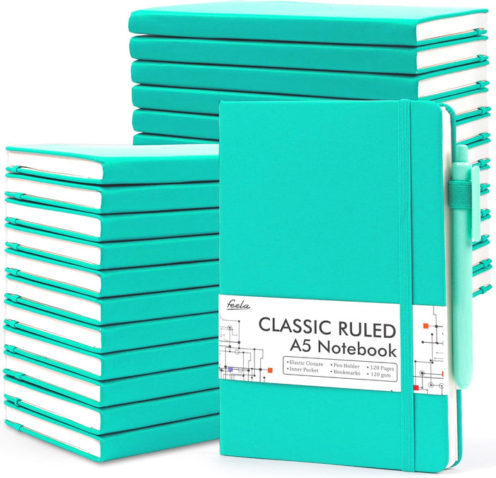 feela 24 Pack Journal Notebook for Work, Business Notebook Bulk Hardcover Lined Writing Journal with Pen Holder for Men Women Note Taking, with 24 Black Pens, 120 GSM, 5.1”x8.3”, A5, Wine