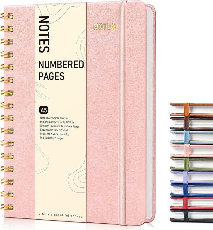 Lined Spiral Journal Notebook, A5 Hardcover Spiral Journals for Women Men, 150 Numbered Pages Spiral Bound Notebook, 100 GSM College Ruled Notebooks for Work, Note Taking 5.75" x 8.38", Olive Green