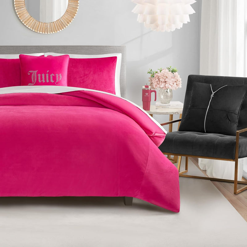 Juicy Couture Marshmallow Pink Velour Full/Queen Comforter Set - 3 Piece Luxury Bedding Ensemble