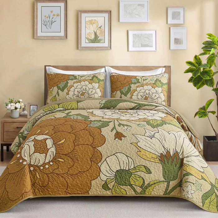 DJY Floral Quilt Set Queen Size Black Boho Bedspread Coverlet Set 3 Pieces, Botanical Quilt Lightweight Microfiber Farmhouse Floral Bohemian Bedding Set with 2 Pillow Shams for All Season (96''x90'')
