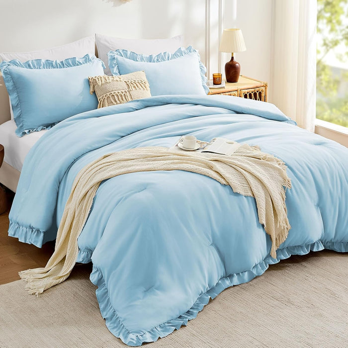 FUANNA Queen Comforter Set Beige 3 Pieces, Ruffle Shabby Chic Queen Bed Set, Fluffy Lightweight Soft Bed in a Bag Queen for All Seasons, Farmhouse Bedding Comforter Sets(1 Comforter & 2 Pillowshams)