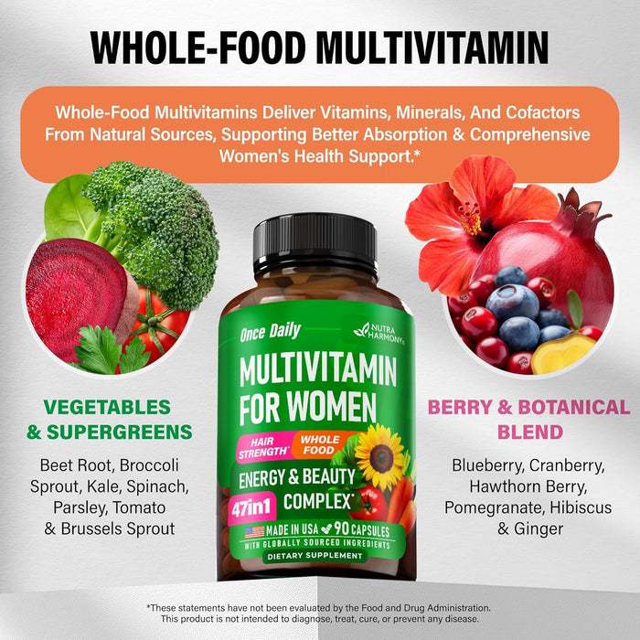 Multivitamin for Women - B-Complex | Whole Foods | Hair Growth Support | Digestion & Metabolism | Iron - 47in1 Womens Multivitamin - Bioavailable & Gentle on Stomach - Made in USA - 90 Capsules