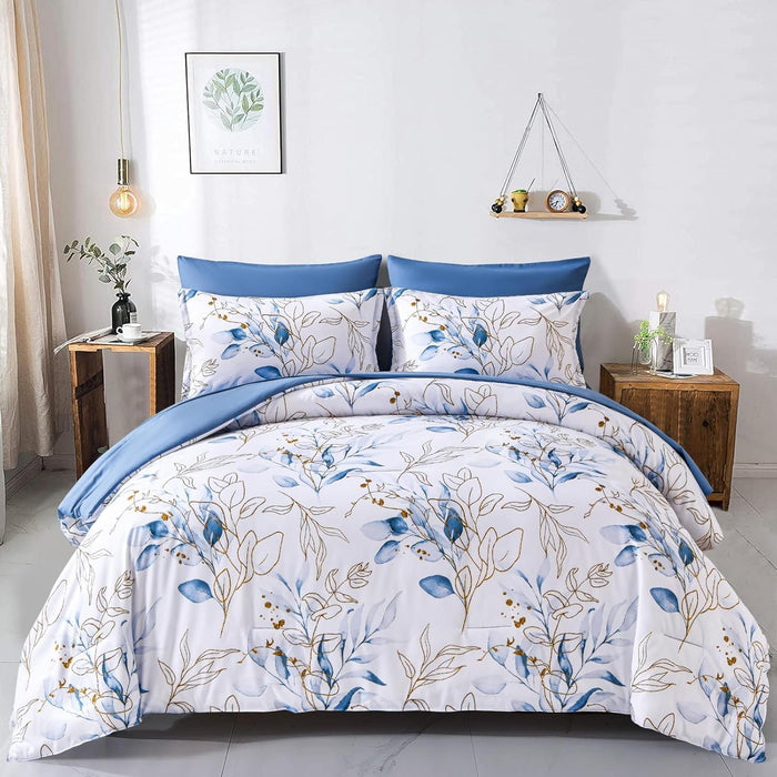 WONGS BEDDING Botanical Comforter Set Queen, 7 Pieces Green Reversible Bed in a Bag Floral Leaves Bedding Soft Microfiber Queen (1 Comforter,2 Pillowcase,2 Pillow Shams,1 Flat Sheet,1 Fitted Sheet)
