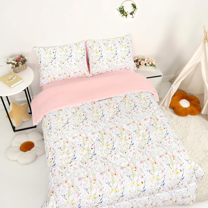 Toddler Bedding Set for Girls, 4 Piece Rainbow Toddler Girl Bedding Set, Super Soft & Lightweight Toddler Comforter Set Includes Comforter, Flat Sheet, Fitted Sheet, Pillowcase (Pink)