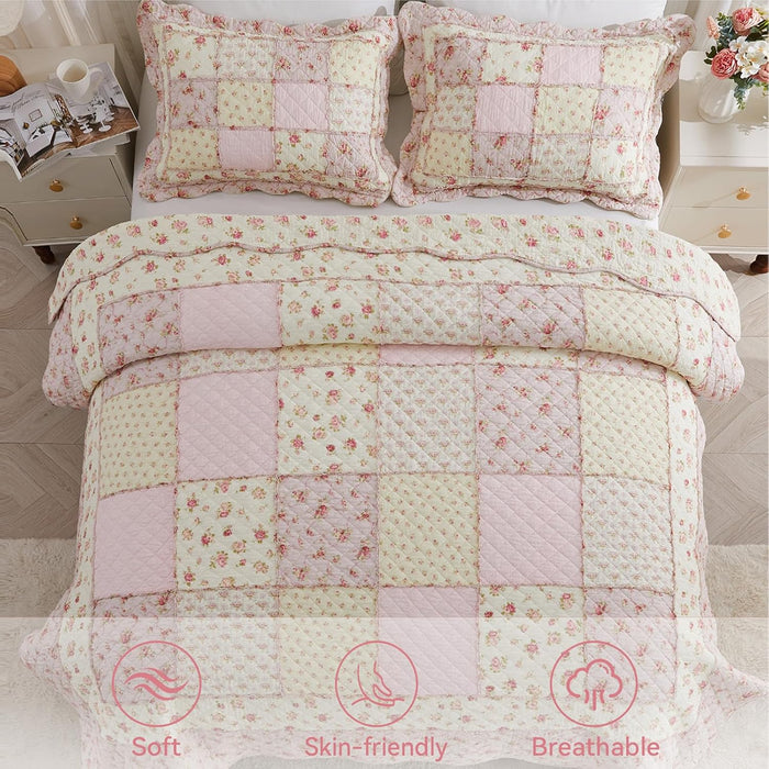 Cozyholy Queen Size Quilt Set 3-Piece, 100% Cotton Patchwork Quilt, Pink Floral Reversible Shabby Chic Bedding Bedspread for All Season, Soft Quilted Blanket with 2 Pillow Shams Machine Washable