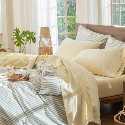 MooMee Bedding Sheet Set 100% Washed Cotton Linen Like Textured Breathable Durable Soft Comfy (Heathered Butter Yellow, Queen)