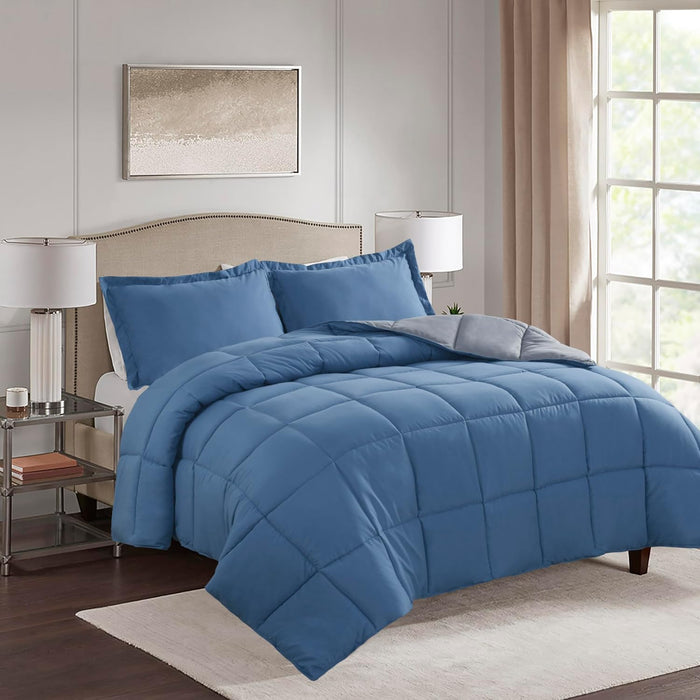 HIG 3pc Dusty Blue Full Size Comforter Set - All Season Reversible Down Alternative Comforter with Two Shams - Quilted Duvet Insert with Corner Tabs - Box Stitched Blanket - Breathable, Soft, Fluffy