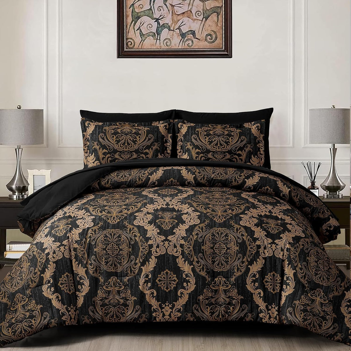WONGS BEDDING Purple Comforter Set Queen Size,Damask Texture 7 Pieces Bed in a Bag Microfiber Comforter Bedding Sets -1 Comforter, 1 Flat Sheet, 1 Fitted Sheet, 2 Pillow Shams, 2 Pillowcases
