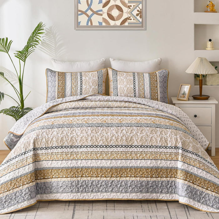 WONGS BEDDING Boho Quilt Set King Size, Navy Blue Bohemian 3 Pieces Quilt Sets, Lightweight Microfiber Bedspread Coverlet Bedding Set for All Season (104"x90")