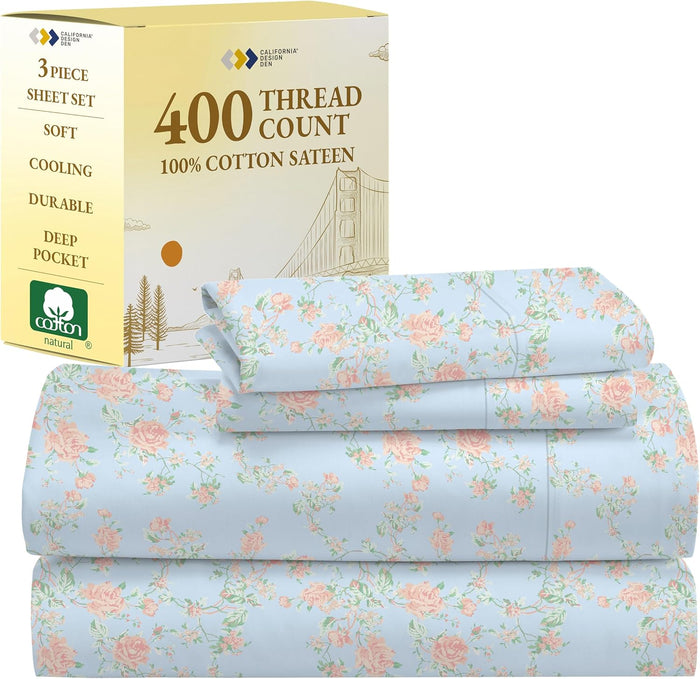 California Design Den Floral Printed Queen Sheet Set - Luxury 400 Thread Count Sateen, Natural 100% Cotton Sheets, Deep Pockets, Cooling and Durable Bedding Set - Blooming Meadows