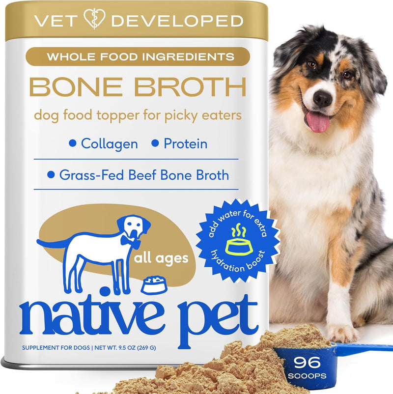 Native Pet Bone Broth for Dogs - Made with Real Beef Bone Broth, Dog Food Toppers for Picky Eaters - Provides Extra Hydration & Nutrition for Joint Strength, Immunity & Heart Health-48 Scoops