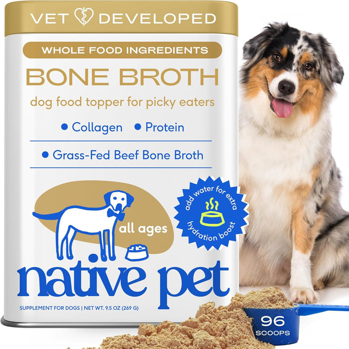Native Pet Bone Broth for Dogs - Made with Real Beef Bone Broth, Dog Food Toppers for Picky Eaters - Provides Extra Hydration & Nutrition for Joint Strength, Immunity & Heart Health-48 Scoops