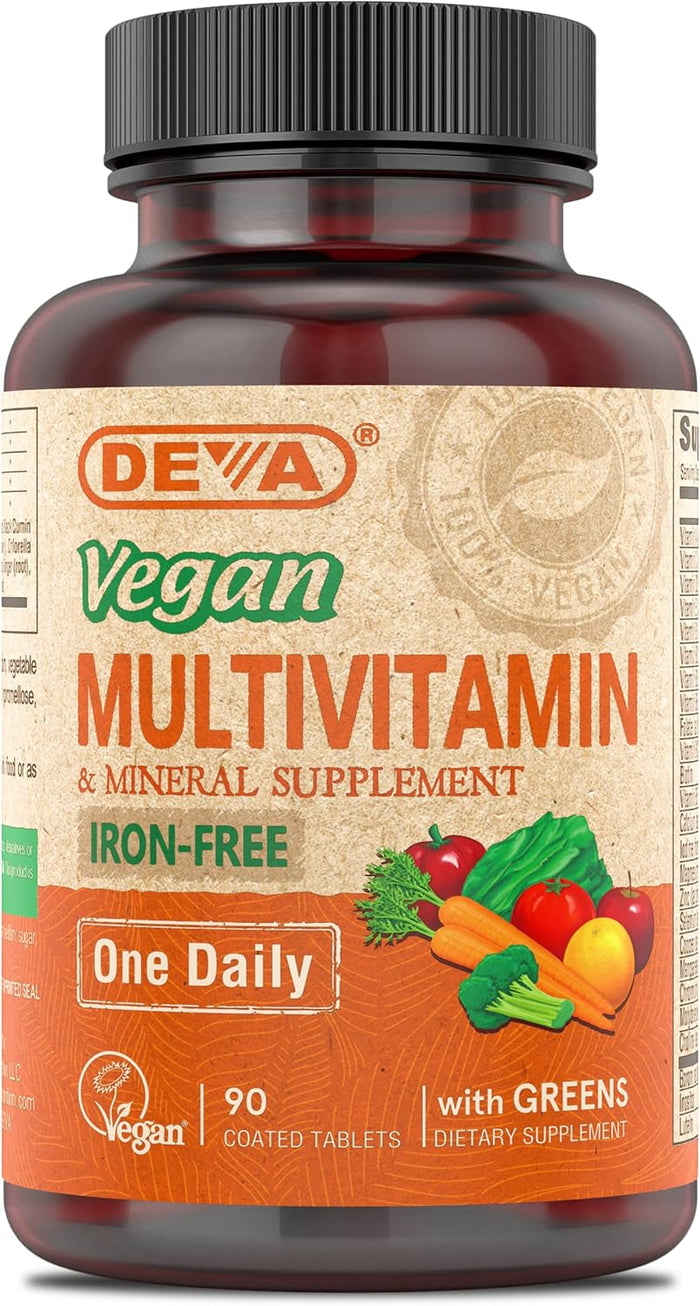 DEVA Vegan Multivitamin and Mineral Supplement - One Daily Vitamin Formula with Greens - Iron Free - 90 Coated Tablets (Pack of 2)