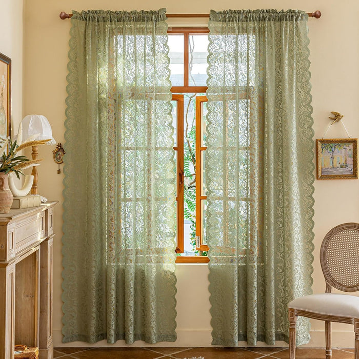 ALIGOGO Burgundy Curtains 84 Inches Long 2 Panels, Cottage Lace Sheer Maroon Curtains for Living Room, Farmhouse Rod Pocket Privacy Floral Scalloped Edges Burgundy Drapes, 52W x 84L Inch