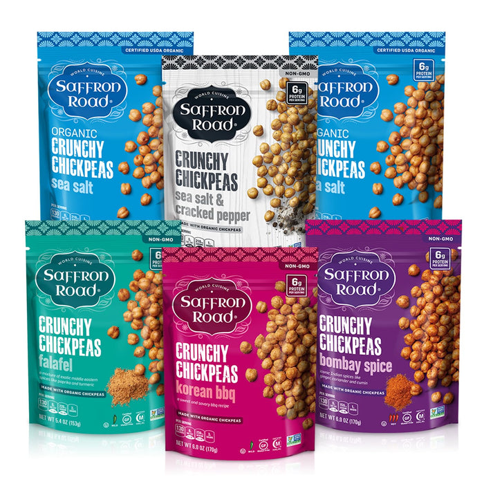 Saffron Road Roasted and Crunchy Sea Salt Chickpeas | High Protein Snacks | Certified Organic, Gluten-free, Vegan, Non-GMO, and Certified Halal and Kosher | 5.4oz Pouch | Pack of 6