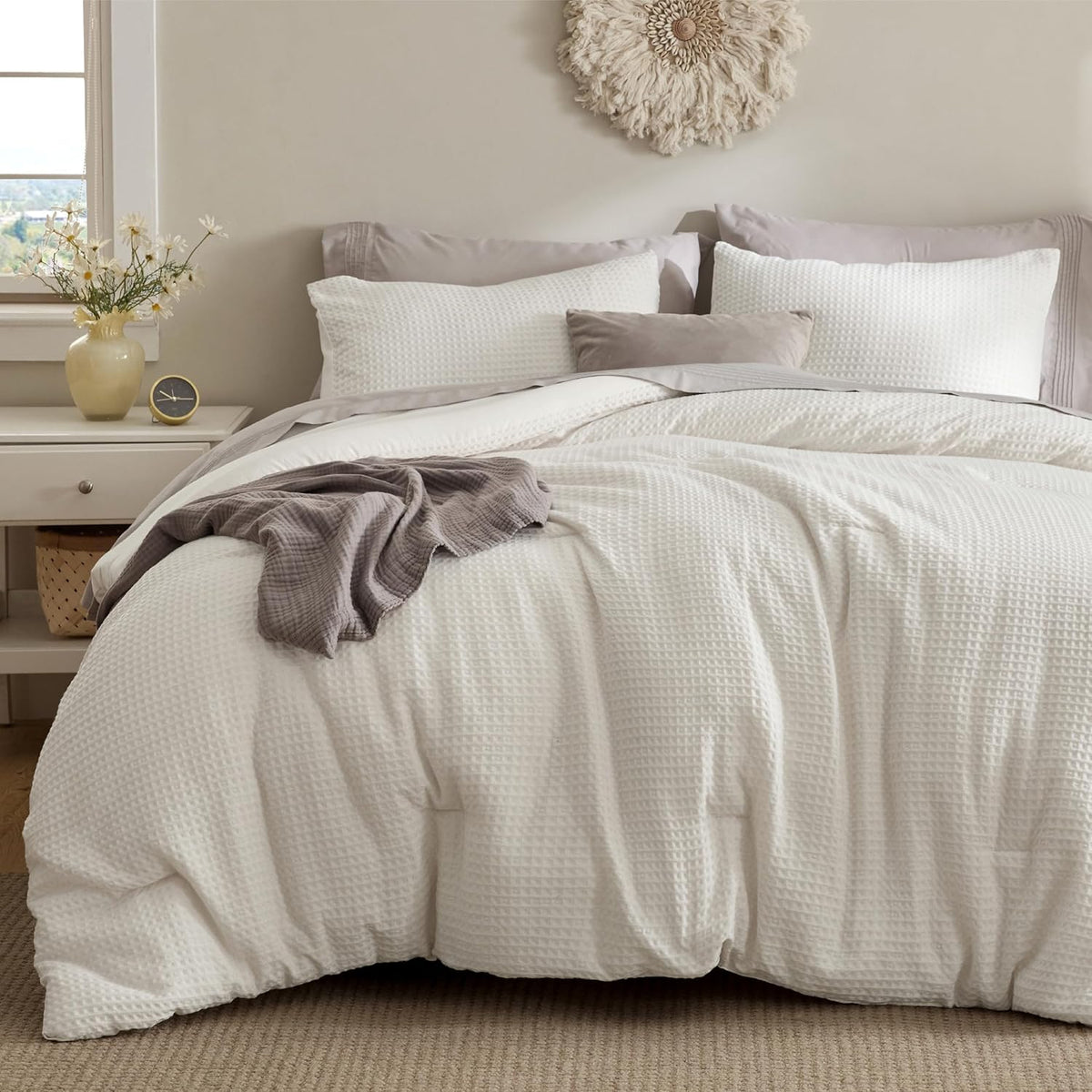 Bedsure Waffle Comforter Set Queen, Soft and Breathable Khaki Bedding Comforter Set, 3 Pieces, 1 Waffle Weave Comforter (90" x 90") and 2 Pillowcases(20" x 26")