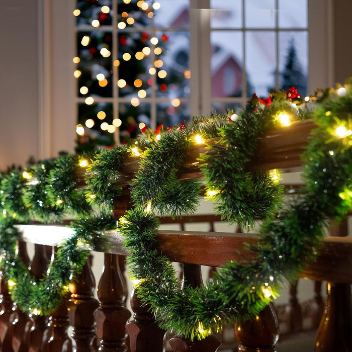 2 Pack Christmas Garland with Lights, Total 38 Feet 80 Led Battery Operated Pre-Lit Long Garland for Stairs Railing Fireplace Mantle Office Door Frame Decor Green Greenery Indoor Outdoor Decorations