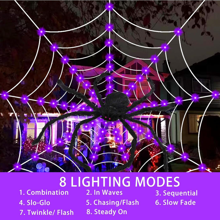 Halloween Decorations, 9FT Diameter Spider Web Lights with Black 4FT Spider, 160 LED Waterproof Net Lights, Remote Control, 8 Modes Cobweb for Yard House Garden Outdoor Indoor Party Haunted Decor