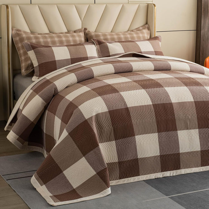 Cotton Plaid Quilt Set, Ultra Soft 3 Pieces Queen Size Bedding with 2 Pillow Shams, Lightweight Reversible Coverlet Bedspread with Wave Quilting for Summer, 90"x96", Grid-Beige Blue