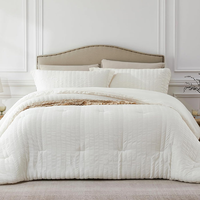White Queen Comforter Set - 3 Pieces Seersucker Lightweight Bedding Comforter Sets (1 Soft Fluffy Comforter & 2 Pillowcases) - All Seasons Cozy Modern Bed Sets