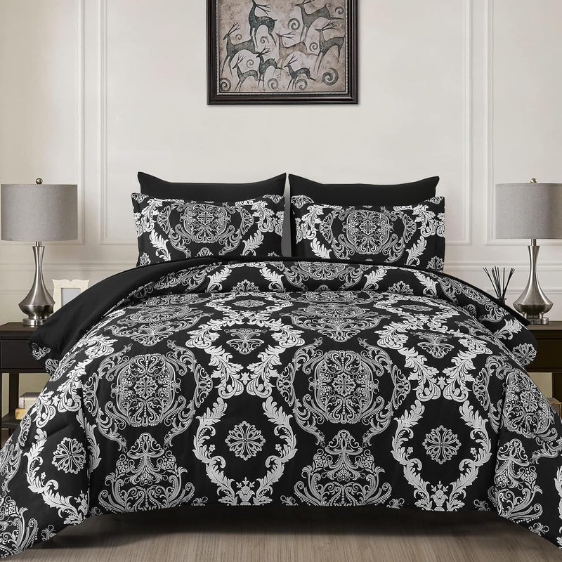 WONGS BEDDING Black Comforter Set King Size, Gold Damask Texture 7 Pieces Bed in a Bag Microfiber Comforter Bedding Sets -1 Comforter, 1 Flat Sheet, 1 Fitted Sheet, 2 Pillow Shams, 2 Pillowcases