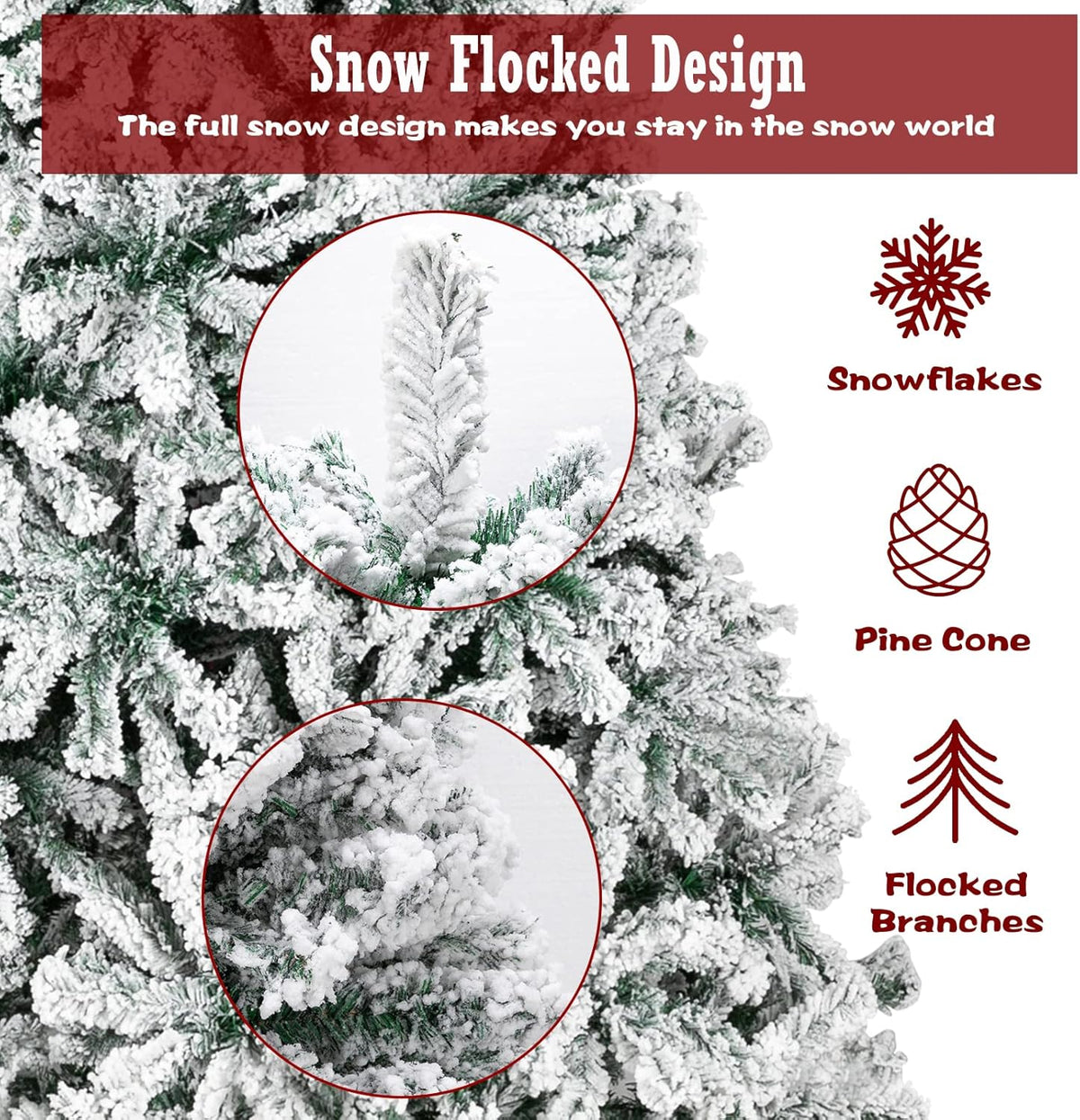 Bonnlo 7.5 ft Unlit Snow Flocked Hinged Artificial Christmas Pine Tree Full 1450 Tips Branch w/Sturdy Metal Stand for Holiday Xmas Indoor and Outdoor Decoration