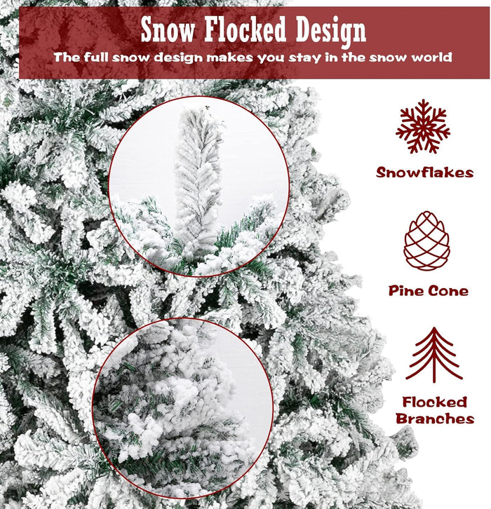 Bonnlo 7.5 ft Unlit Snow Flocked Hinged Artificial Christmas Pine Tree Full 1450 Tips Branch w/Sturdy Metal Stand for Holiday Xmas Indoor and Outdoor Decoration