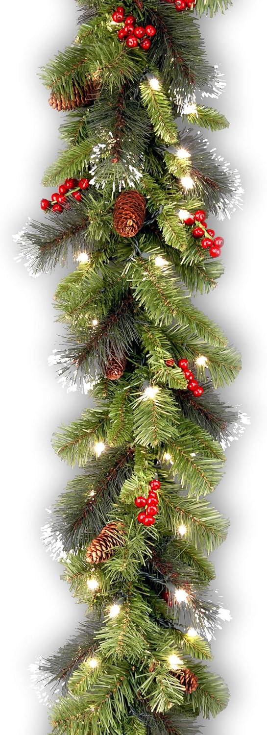 National Tree Company Pre-Lit Artificial Christmas Garland, Green, Crestwood Spruce, White Lights, Decorated with Glitter, Pinecones, Berry Clusters, Battery Operated, Christmas Collection, 9 Feet