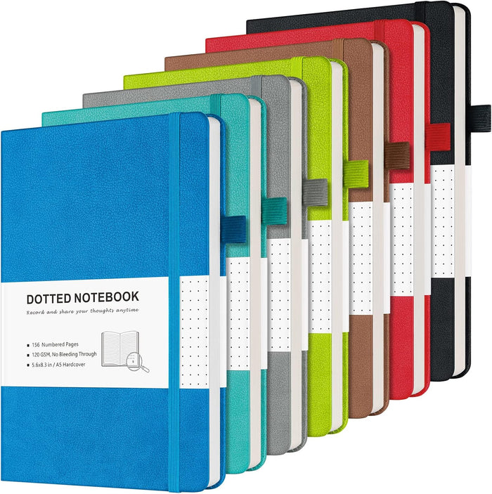 Dotted Journal Notebook, 7 Pack Leather Bullet Dot Grid Journal for Women Men, Notebooks Bulk for Students, Office, Journaling, Writing, Drawing, 120 GSM Thick Paper, Numbered Page, A5, Multi Colors