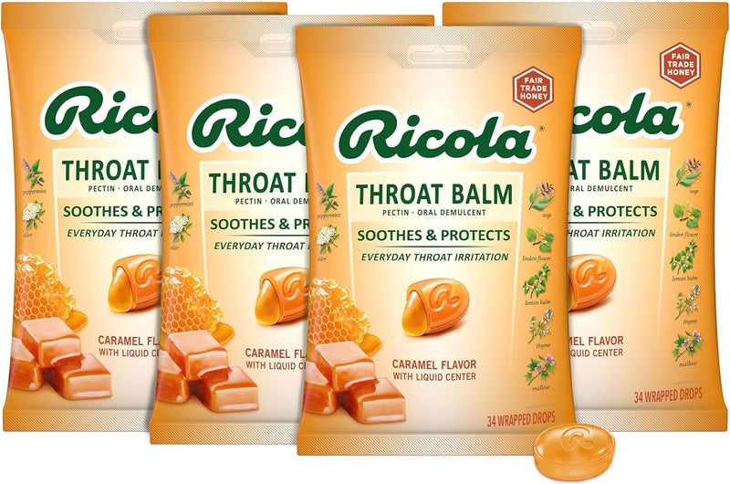 Ricola Throat Balm Caramel Throat Drops with Liquid Center, 34 Count, Coat & Protect Your Throat, Daily Throat Relief & Protection, Oral Demulcent