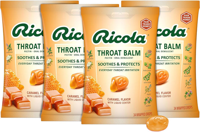 Ricola Throat Balm Caramel Throat Drops with Liquid Center, 34 Count, Coat & Protect Your Throat, Daily Throat Relief & Protection, Oral Demulcent