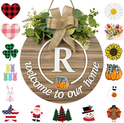Interchangeable Seasonal Monogram Letter R Welcome Sign Front Door Decor Wooden Wreaths for Front Door Wreath Rustic Initial House Warming Porch Wall Home Decorations for All Seasons