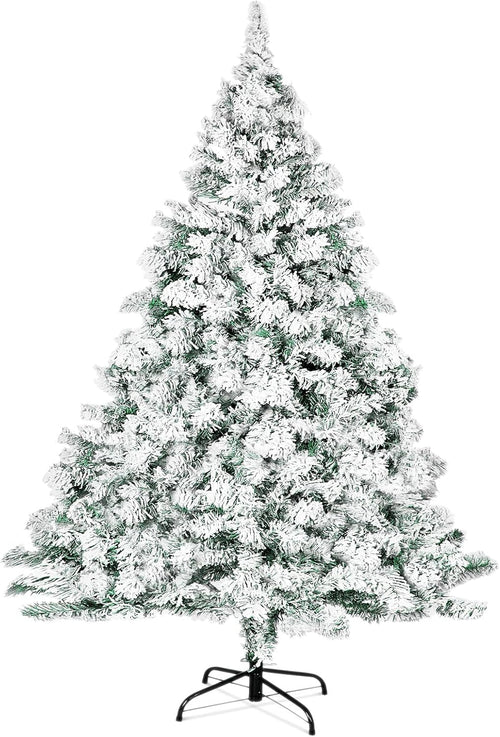 6 FT Snow Flocked Artificial Christmas Tree, Full Xmas Tree with 1000 Automatically Expanding Branch Tips, Foldable Metal Stand and Hinged Branches, Holiday Decoration for Home, Party, White