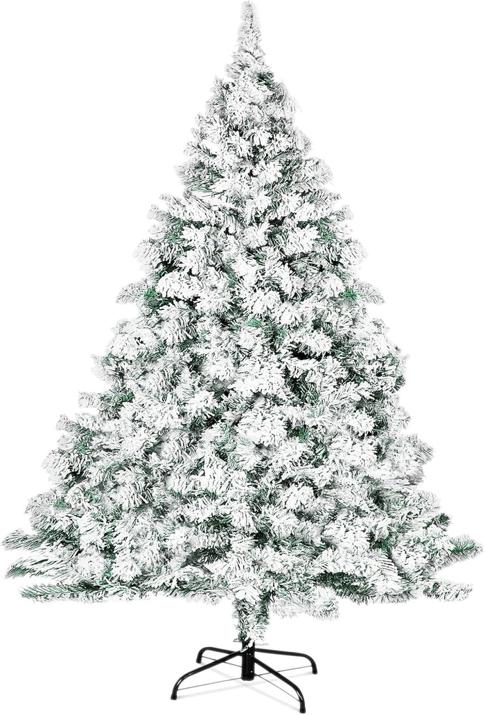 6 FT Snow Flocked Artificial Christmas Tree, Full Xmas Tree with 1000 Automatically Expanding Branch Tips, Foldable Metal Stand and Hinged Branches, Holiday Decoration for Home, Party, White
