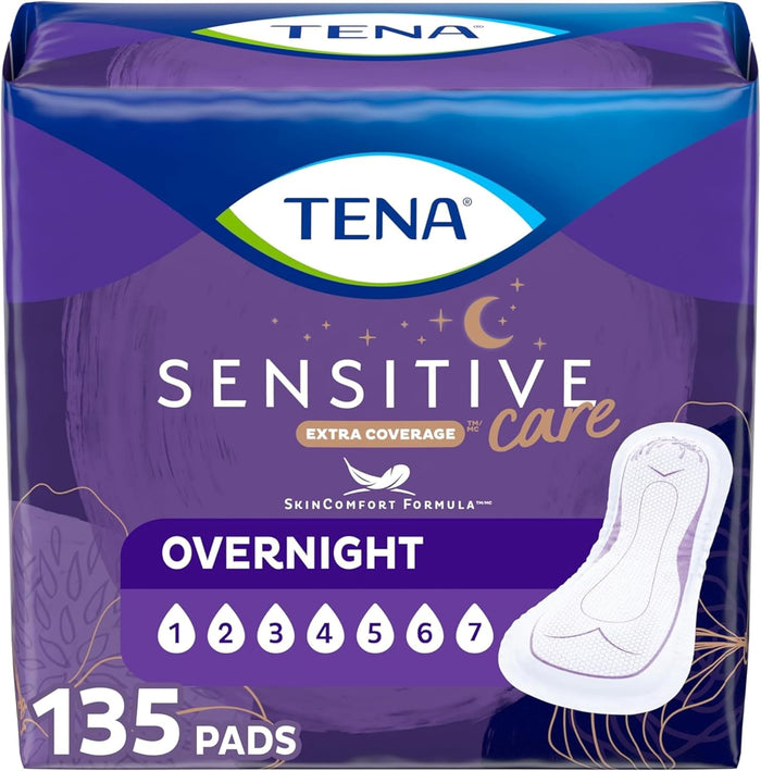 TENA Sensitive Care Incontinence Pads, Bladder Control, Postpartum for Women, Overnight Absorbency, Extra Coverage, 90 Count