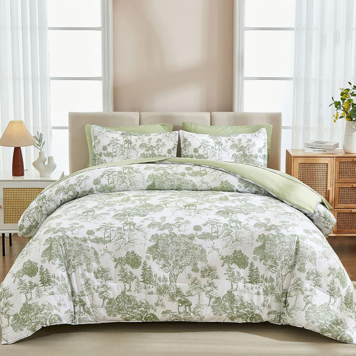 DJY Blue Comforter Set King, 7 Pieces Bed in a Bag King Size Botanical Comforters with Sheets Elegant Plants Print Soft Microfiber Reversible Complete Bedding Sets for All Season
