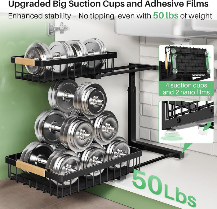 Under Sink Organizer, 2 Packs 2 Tier Under Sink Organizers and Storage, Slide out Pull out Cabinet Organizer Shelf, Metal Sliding Drawer for Kitchen Bathroom Pantry Cabinet Closet Organization Rack