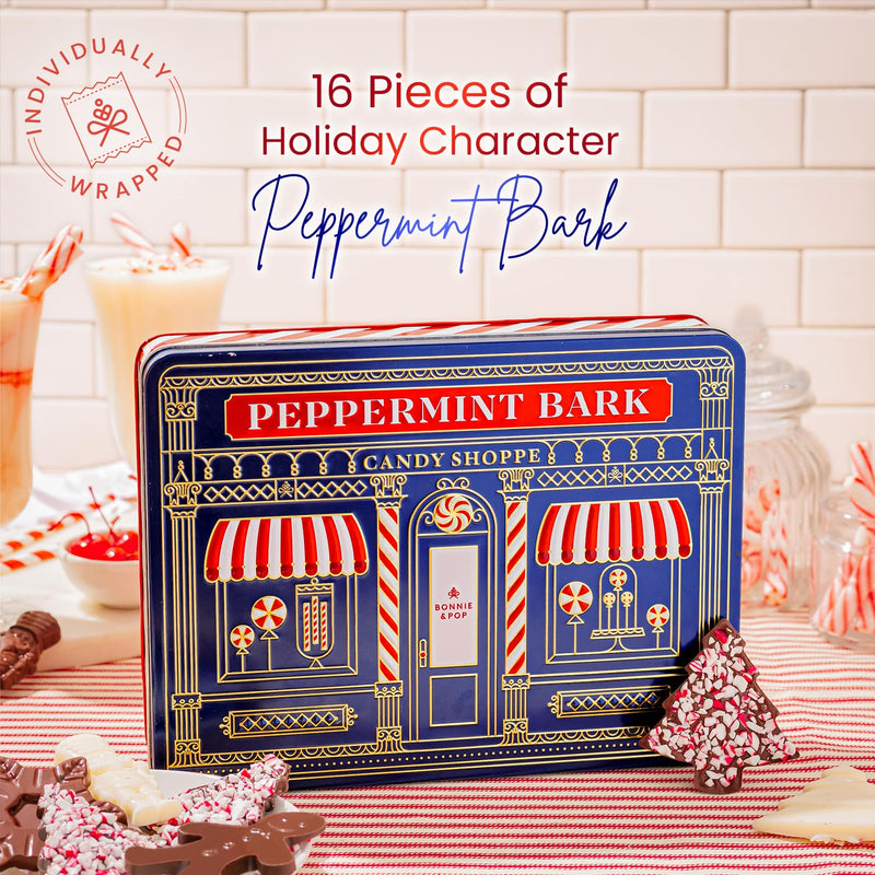 Christmas Peppermint Gift Tin Bark Candy – Fudge Gourmet Holiday Chocolate Gift Basket, Festive Assortment with Nutcrackers, Trees & Gingerbread Shapes – Family, Friends & Coworkers- Bonnie & Pop