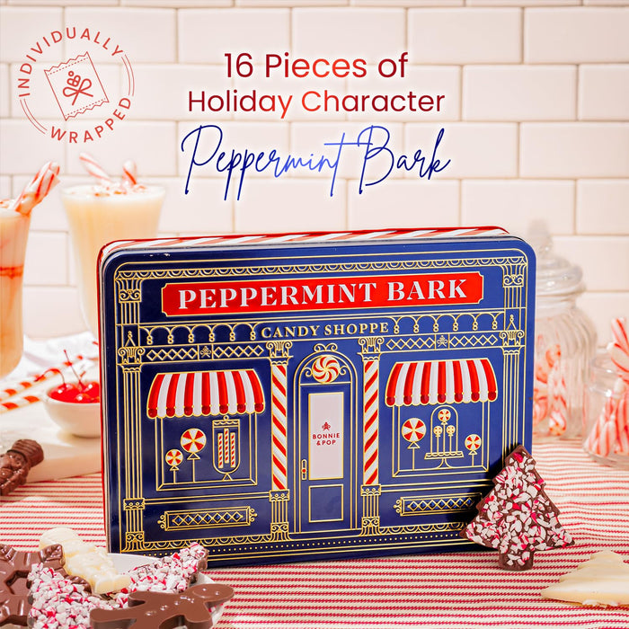 Christmas Peppermint Gift Tin Bark Candy – Fudge Gourmet Holiday Chocolate Gift Basket, Festive Assortment with Nutcrackers, Trees & Gingerbread Shapes – Family, Friends & Coworkers- Bonnie & Pop