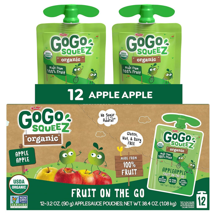 GoGo squeeZ Organic Applesauce and Fruit Puree, Variety Pack, Apple, Strawberry & Banana, 3.2 oz (Pack of 12), Unsweetened Organic Fruit Snacks for Kids, No Gluten, Nut & Dairy, BPA Free Pouches