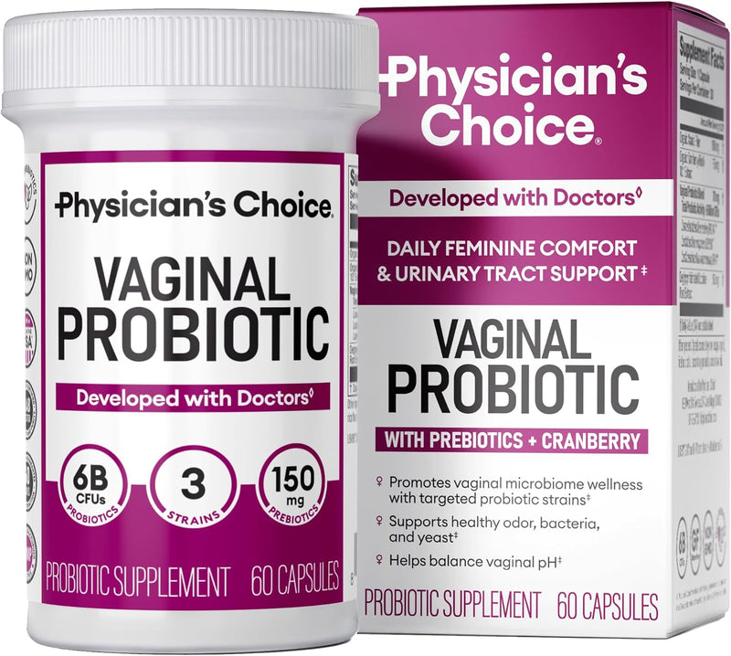 Physician's CHOICE Vaginal Probiotics for Women - Moisture, pH Balance, Odor Control, Yeast Balance, Vaginal Flora, Feminine Health - 6B CFU with Organic Prebiotics and Cranberry Extract - 30 CT