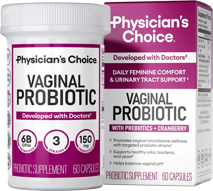 Physician's CHOICE Vaginal Probiotics for Women - Moisture, pH Balance, Odor Control, Yeast Balance, Vaginal Flora, Feminine Health - 6B CFU with Organic Prebiotics and Cranberry Extract - 30 CT