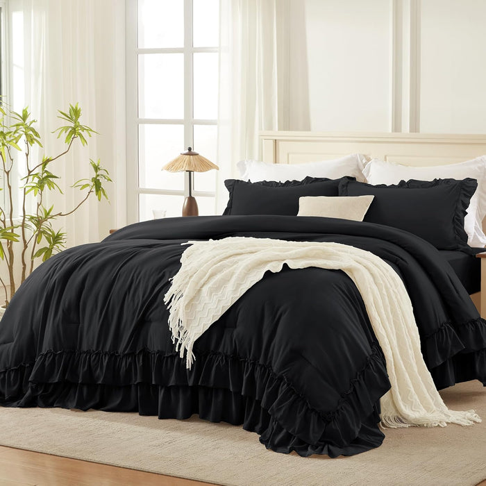 Andency White Comforter Set Queen Size, Lightweight Fluffy Farmhouse White Ruffle Bedding Set, Soft Microfiber All Season Shabby Chic Bed Comforter Set 3 Pieces(1 Ruffle Comforter 2 Pillowcases)