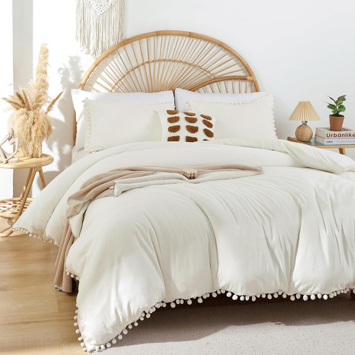 YIRDDEO Queen Comforter Set - Comforter Queen Size Sets with Ball Pom Fringe, Soft Bedding Set for All Seasons - 3 Pieces, 1 Comforter (90"x90") & 2 Pillow Shams (20"x26"), Beige