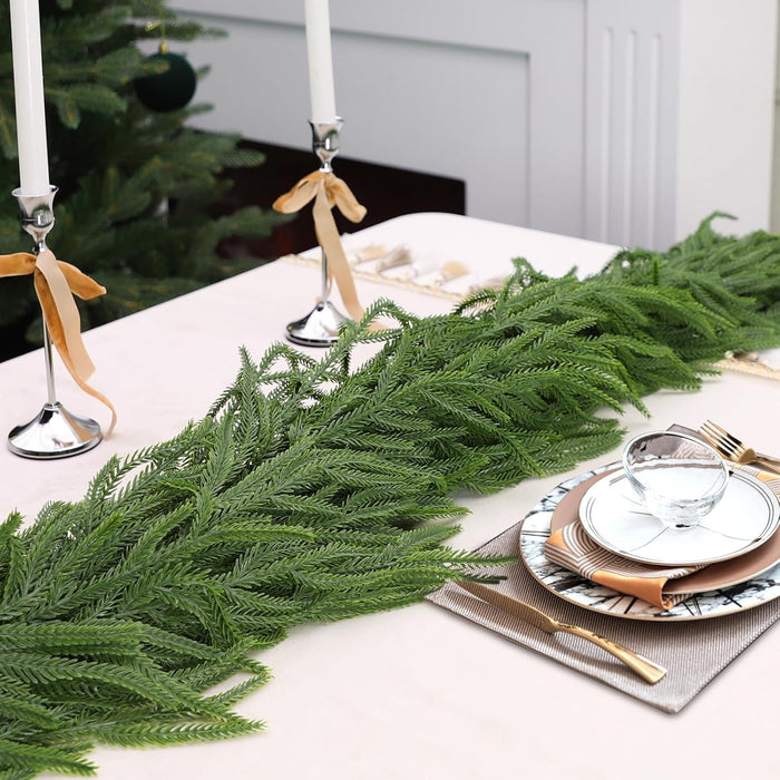 2Pcs 6 Ft Artificial Norfolk Pine Garland with 50 LED Lights,Winter Pine Christmas Garland with Lights,Real Touch Faux Greenery Garland for Mantle Fireplace,Table,Window,Outdoor Christmas Decorations