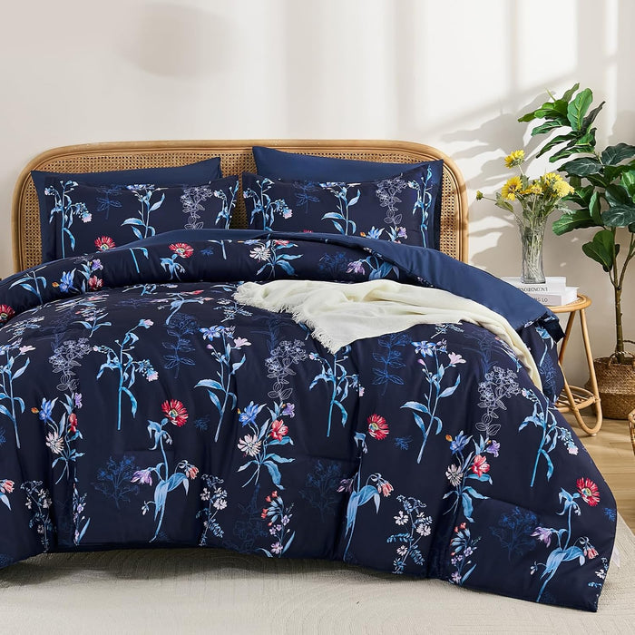 Drucon Comforter Set King Size, 7 Pieces Sage Green Floral Comforter Sets, Reversible Botanical Bed in a Bag Soft Lightweight Microfiber Bedding Sets for All Seasons (90"x104")